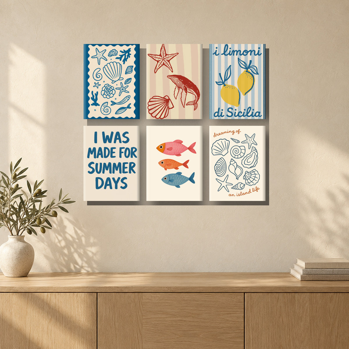 Coffret de 6 peintures par numéro Été en Bord de Mer, mini-toiles présentées au mur, Maison Artsen