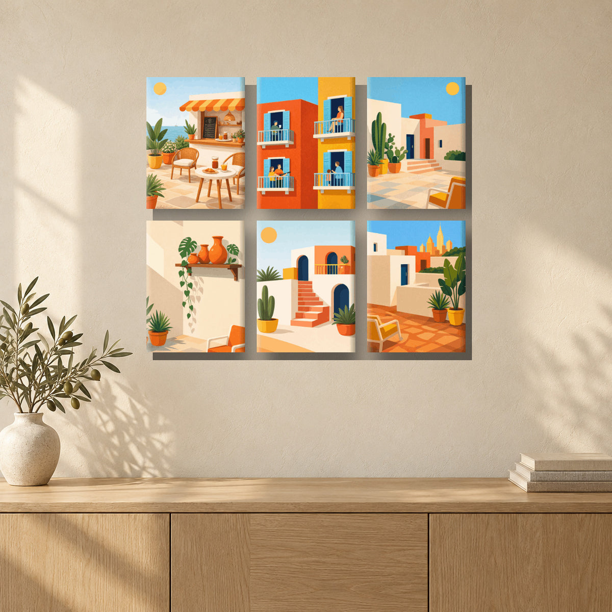 Coffret de 6 peintures par numéro Villages Méditerranéens, mini-toiles présentées au mur, Maison Artsen