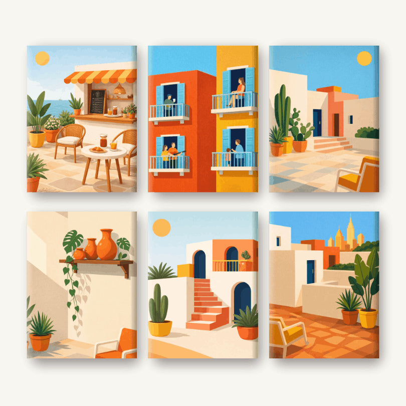 Coffret de 6 peintures par numéro Villages Méditerranéens, les mini-toiles à plat, Maison Artsen