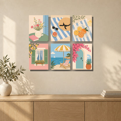 Coffret de 6 peintures par numéro Escapade Méditerranéenne, mini-toiles présentées au mur, Maison Artsen