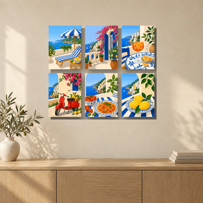 Coffret de 6 peintures par numéro Rivages d’Amalfi, mini-toiles présentées au mur, Maison Artsen