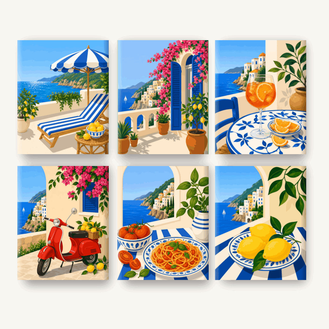 Coffret de 6 peintures par numéro Rivages d’Amalfi, les mini-toiles à plat, Maison Artsen