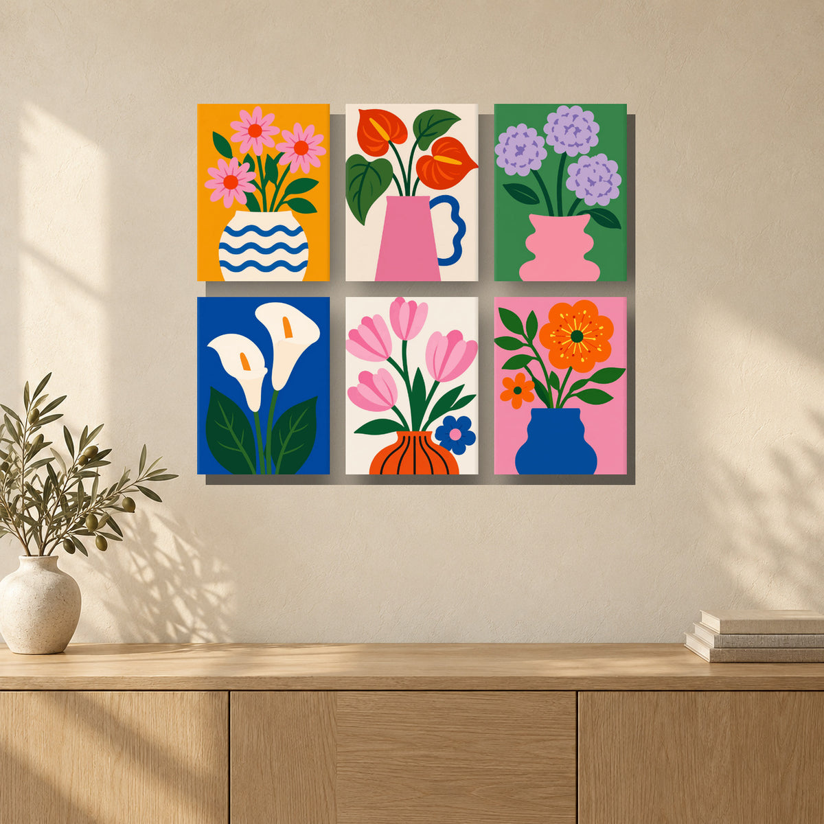 Coffret de 6 peintures par numéro Bouquets aux Vases Colorés, mini-toiles présentées au mur, Maison Artsen