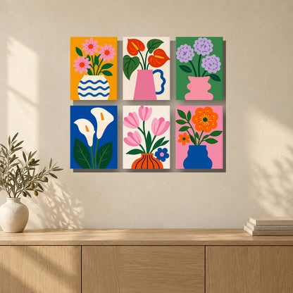 Coffret de 6 peintures par numéro Bouquets aux Vases Colorés, mini-toiles présentées au mur, Maison Artsen