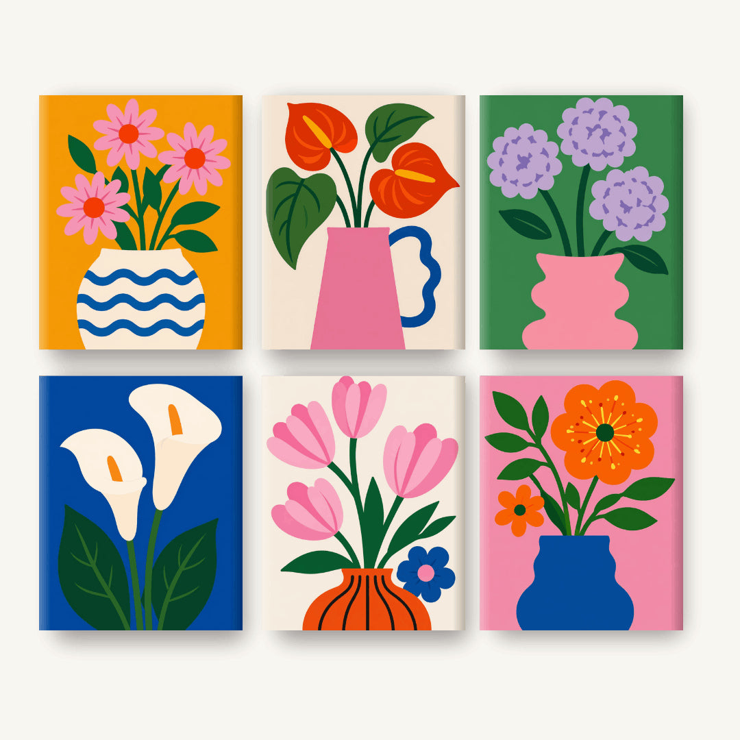 Coffret de 6 peintures par numéro Bouquets aux Vases Colorés, les mini-toiles à plat, Maison Artsen