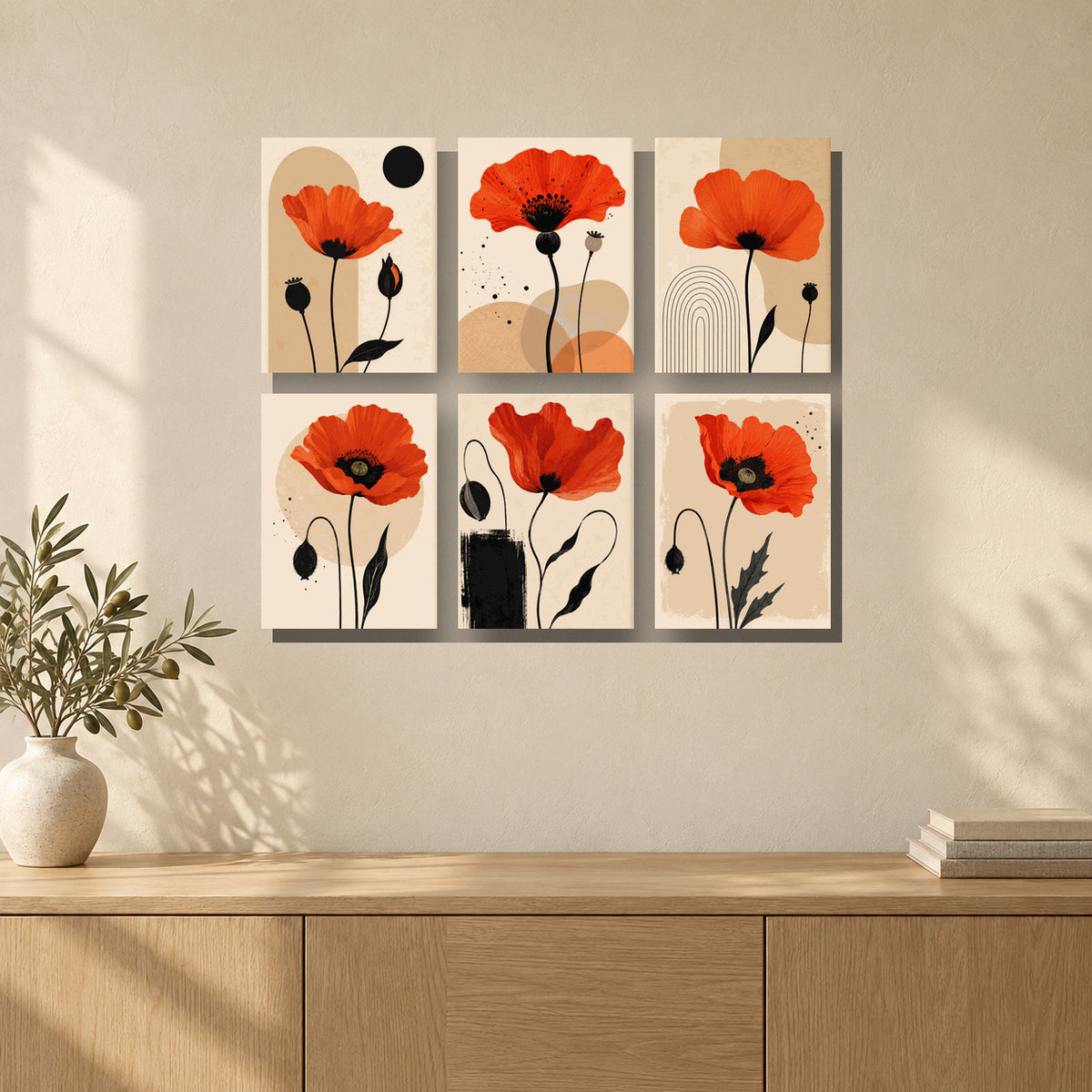 Coffret de 6 peintures par numéro Coquelicots Graphiques, mini-toiles présentées au mur, Maison Artsen