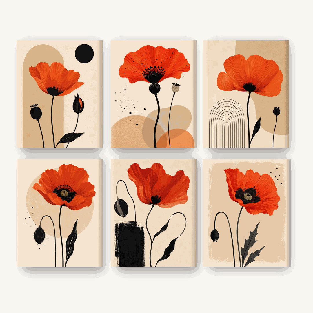Coffret de 6 peintures par numéro Coquelicots Graphiques, les mini-toiles à plat, Maison Artsen
