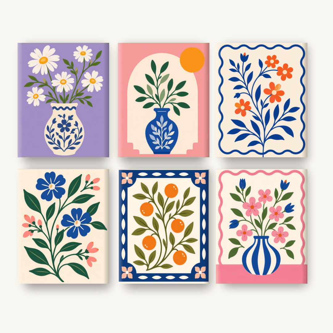 Coffret de 6 peintures par numéro Fleurs Folk en Bleu, les mini-toiles à plat, Maison Artsen