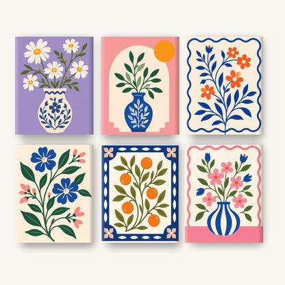 Coffret de 6 peintures par numéro Fleurs Folk en Bleu, les mini-toiles à plat, Maison Artsen