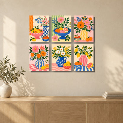 Coffret de 6 peintures par numéro Bouquets et Agrumes, mini-toiles présentées au mur, Maison Artsen