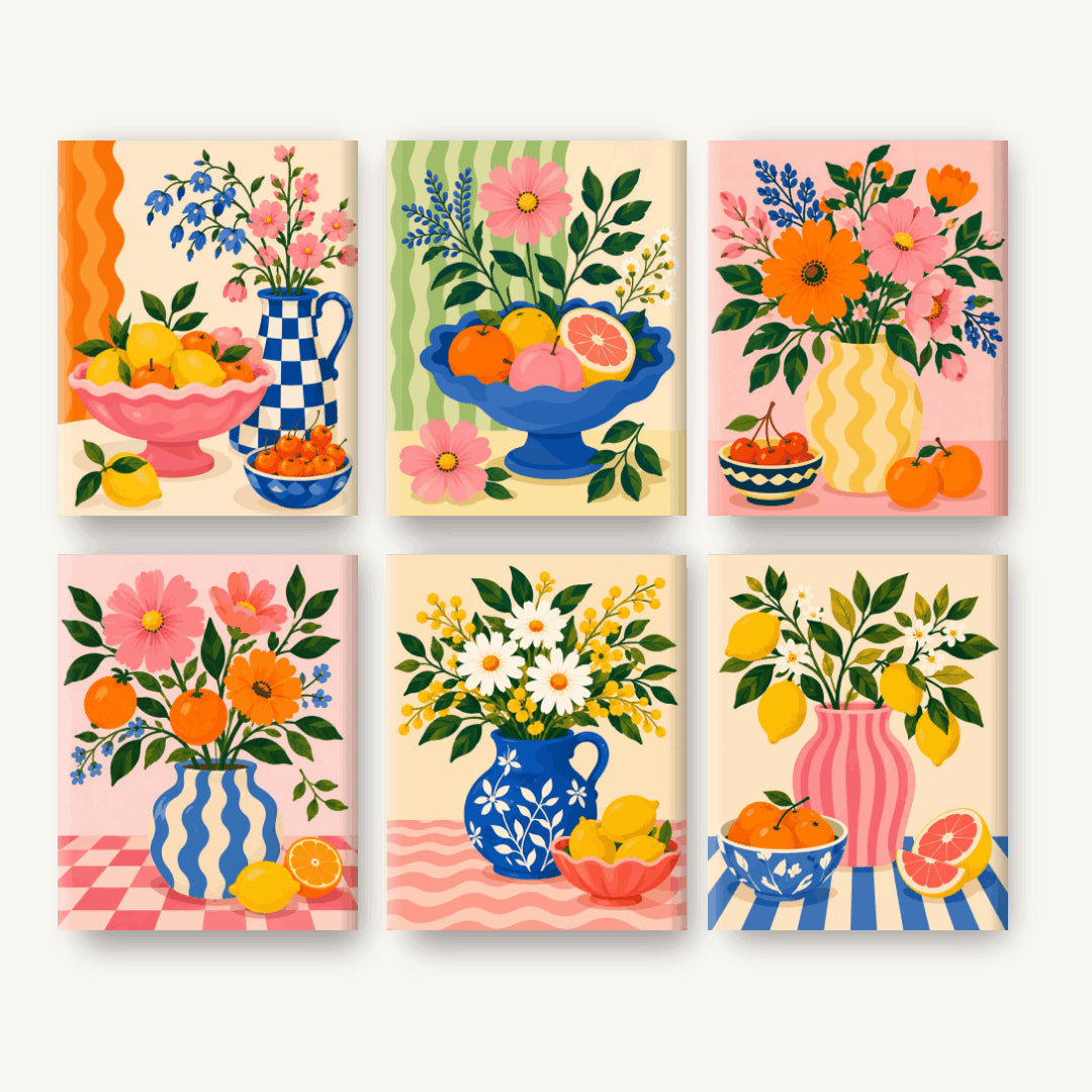 Coffret de 6 peintures par numéro Bouquets et Agrumes, les mini-toiles à plat, Maison Artsen