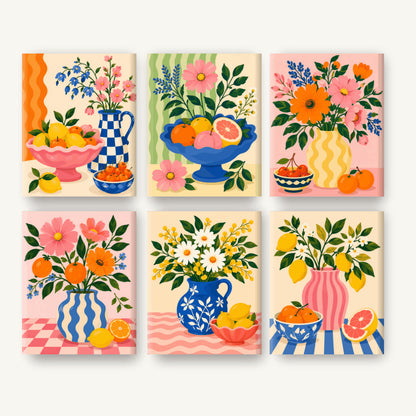 Coffret de 6 peintures par numéro Bouquets et Agrumes, les mini-toiles à plat, Maison Artsen