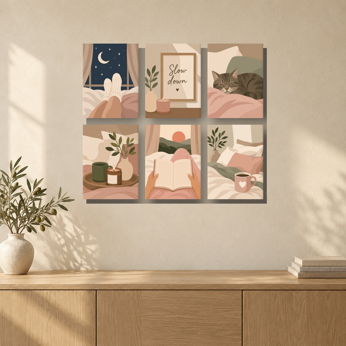 Coffret de 6 peintures par numéro Douceur du Foyer, mini-toiles présentées au mur, Maison Artsen