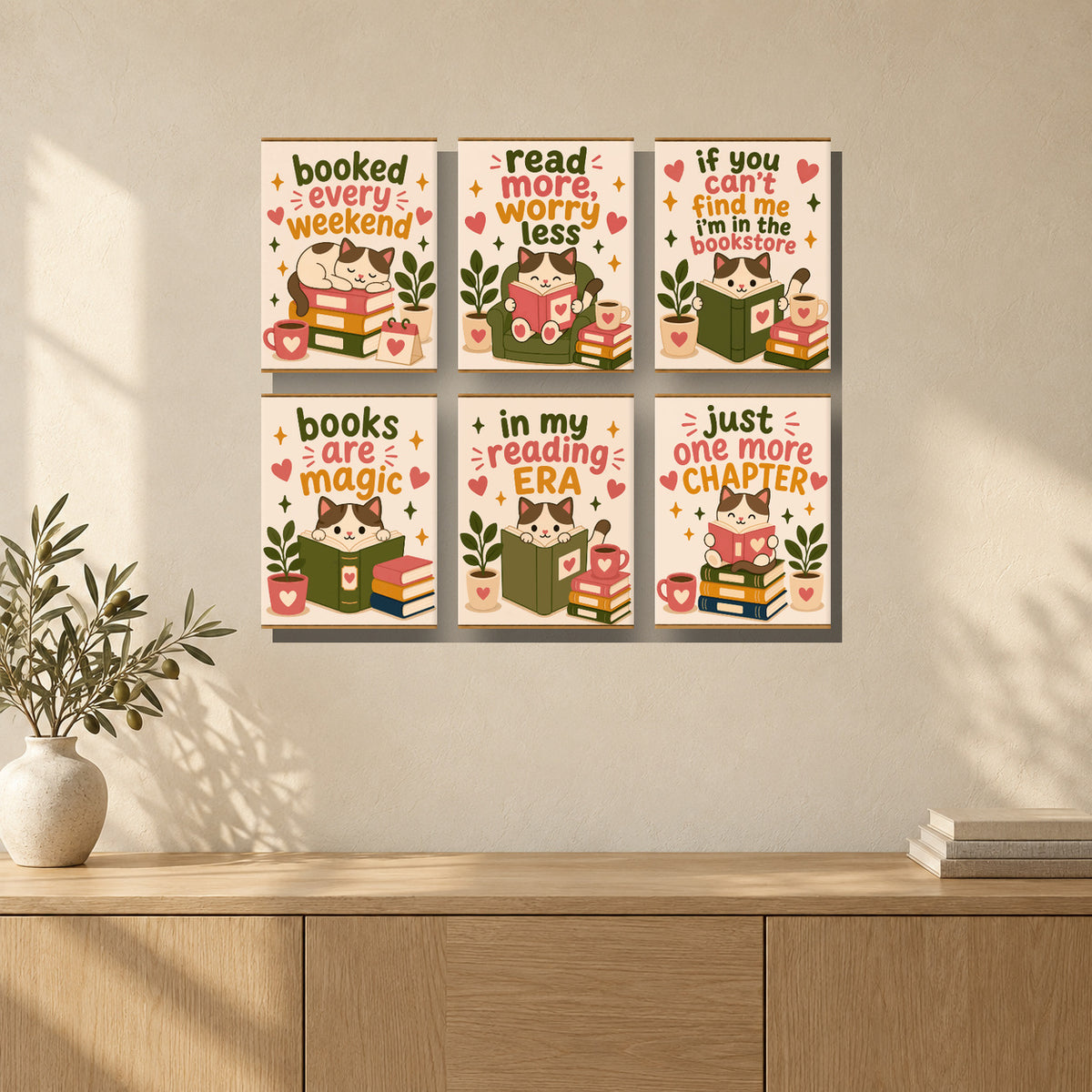 Coffret de 6 peintures par numéro Lectures Félines, mini-toiles présentées au mur, Maison Artsen