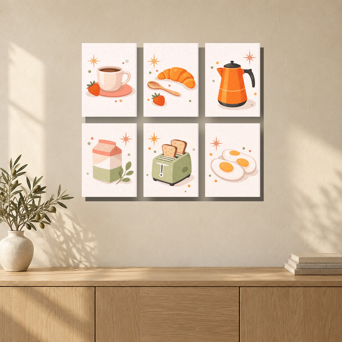 Coffret de 6 peintures par numéro Petits Déjeuners, mini-toiles présentées au mur, Maison Artsen