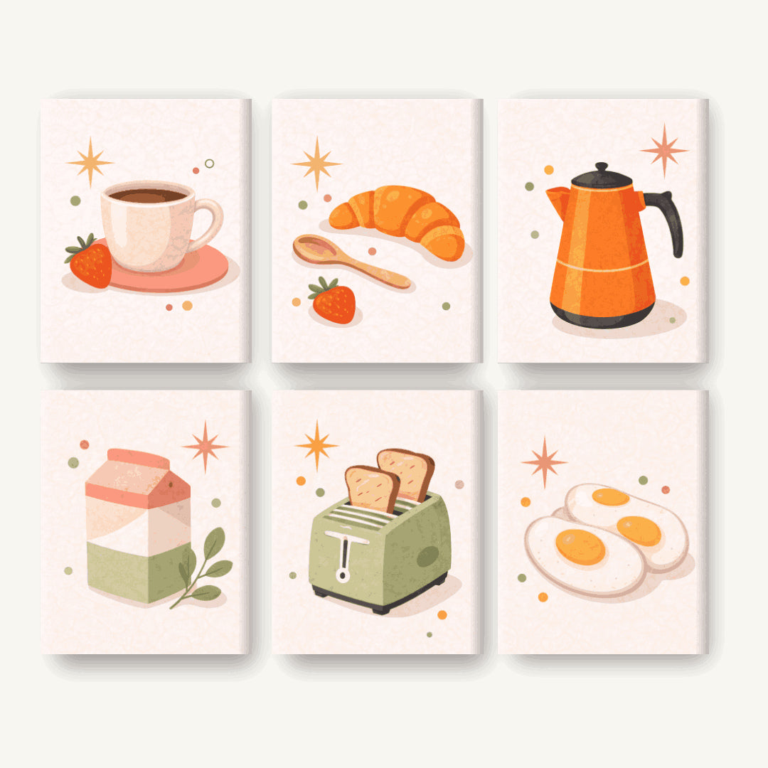Coffret de 6 peintures par numéro Petits Déjeuners, les mini-toiles à plat, Maison Artsen
