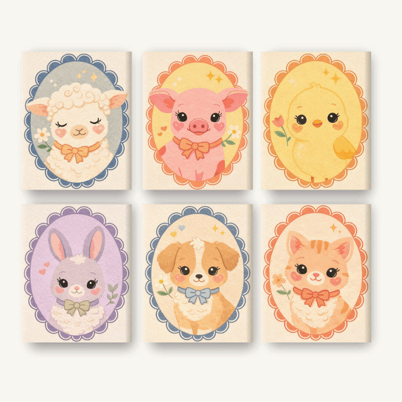 Coffret de 6 peintures par numéro Bébés Animaux en Médaillon, les mini-toiles à plat, Maison Artsen