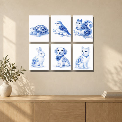 Coffret de 6 peintures par numéro Animaux de Delft, mini-toiles présentées au mur, Maison Artsen