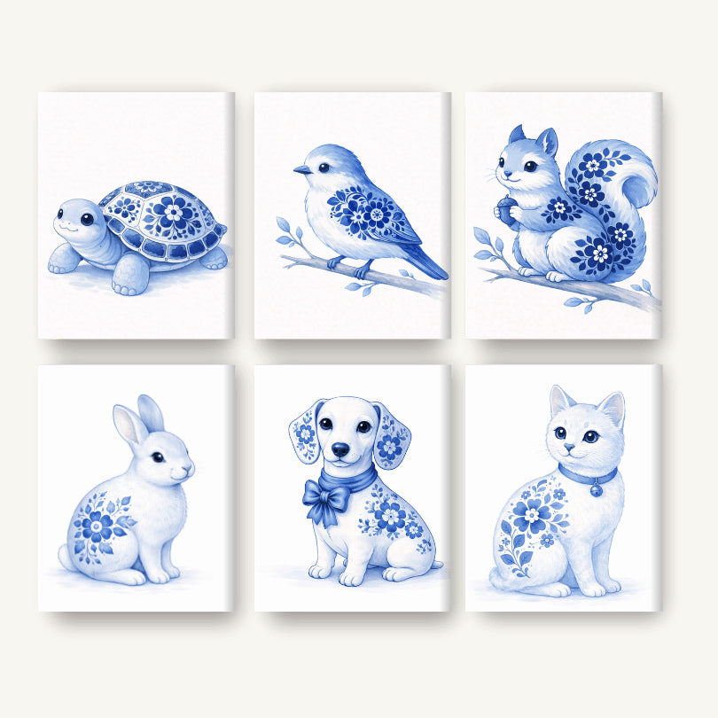Coffret de 6 peintures par numéro Animaux de Delft, les mini-toiles à plat, Maison Artsen