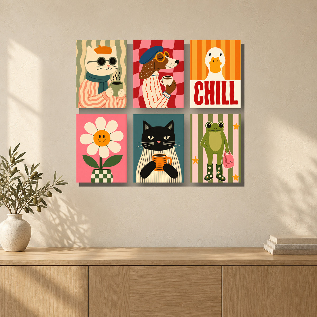 Coffret de 6 peintures par numéro Drôles d’Amis, mini-toiles présentées au mur, Maison Artsen