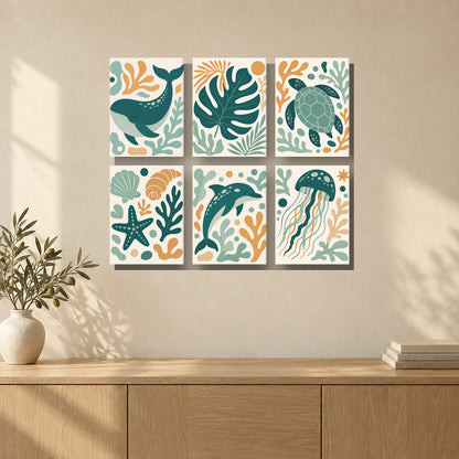 Coffret de 6 peintures par numéro Océan Turquoise, mini-toiles présentées au mur, Maison Artsen