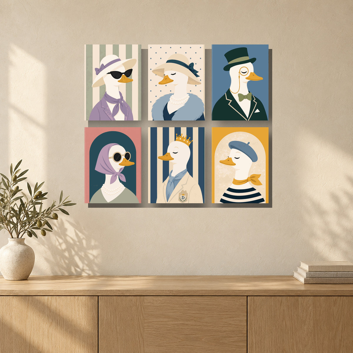 Coffret de 6 peintures par numéro Canards Élégants, mini-toiles présentées au mur, Maison Artsen
