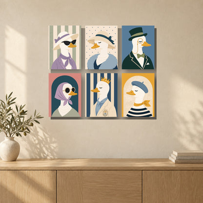 Coffret de 6 peintures par numéro Canards Élégants, mini-toiles présentées au mur, Maison Artsen