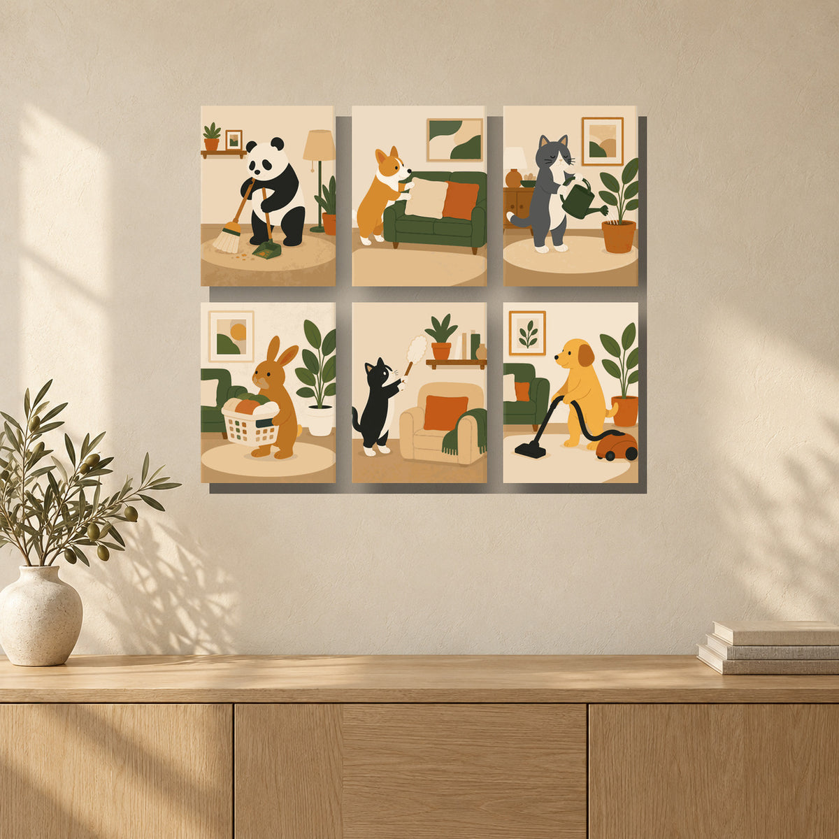 Coffret de 6 peintures par numéro Animaux à la Maison, mini-toiles présentées au mur, Maison Artsen