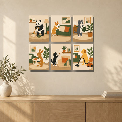 Coffret de 6 peintures par numéro Animaux à la Maison, mini-toiles présentées au mur, Maison Artsen