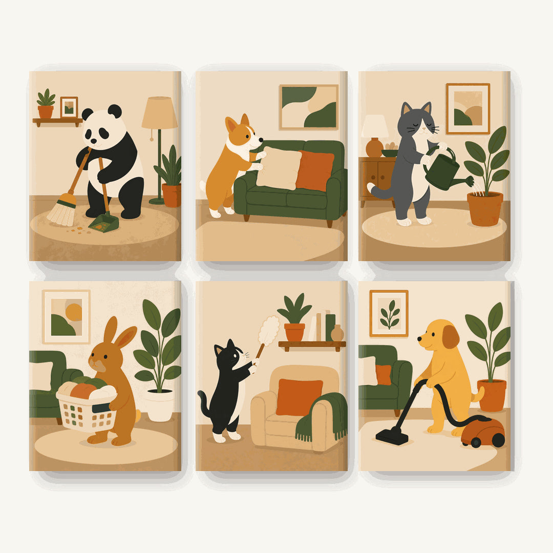 Coffret de 6 peintures par numéro Animaux à la Maison, les mini-toiles à plat, Maison Artsen