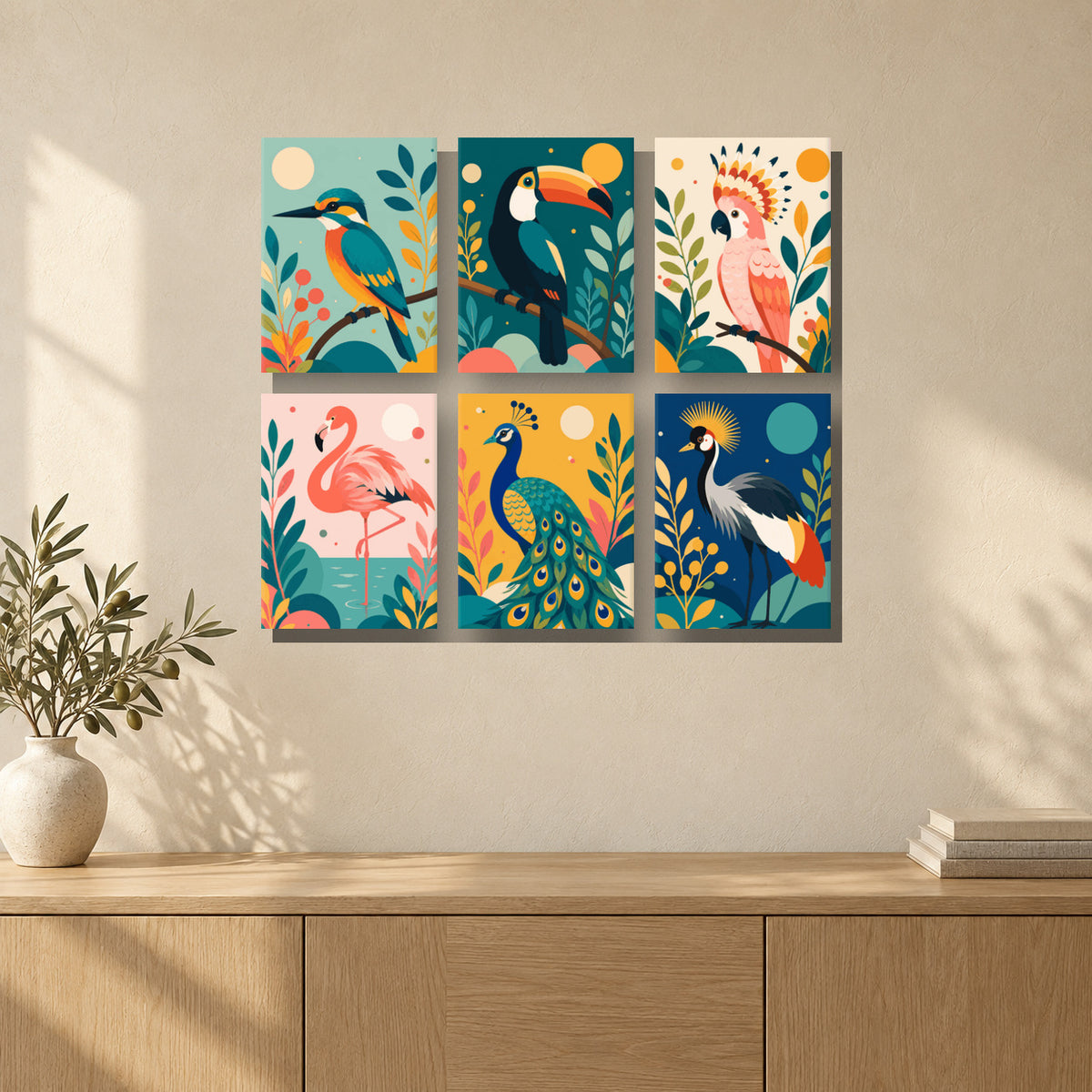 Coffret de 6 peintures par numéro Oiseaux Exotiques, mini-toiles présentées au mur, Maison Artsen