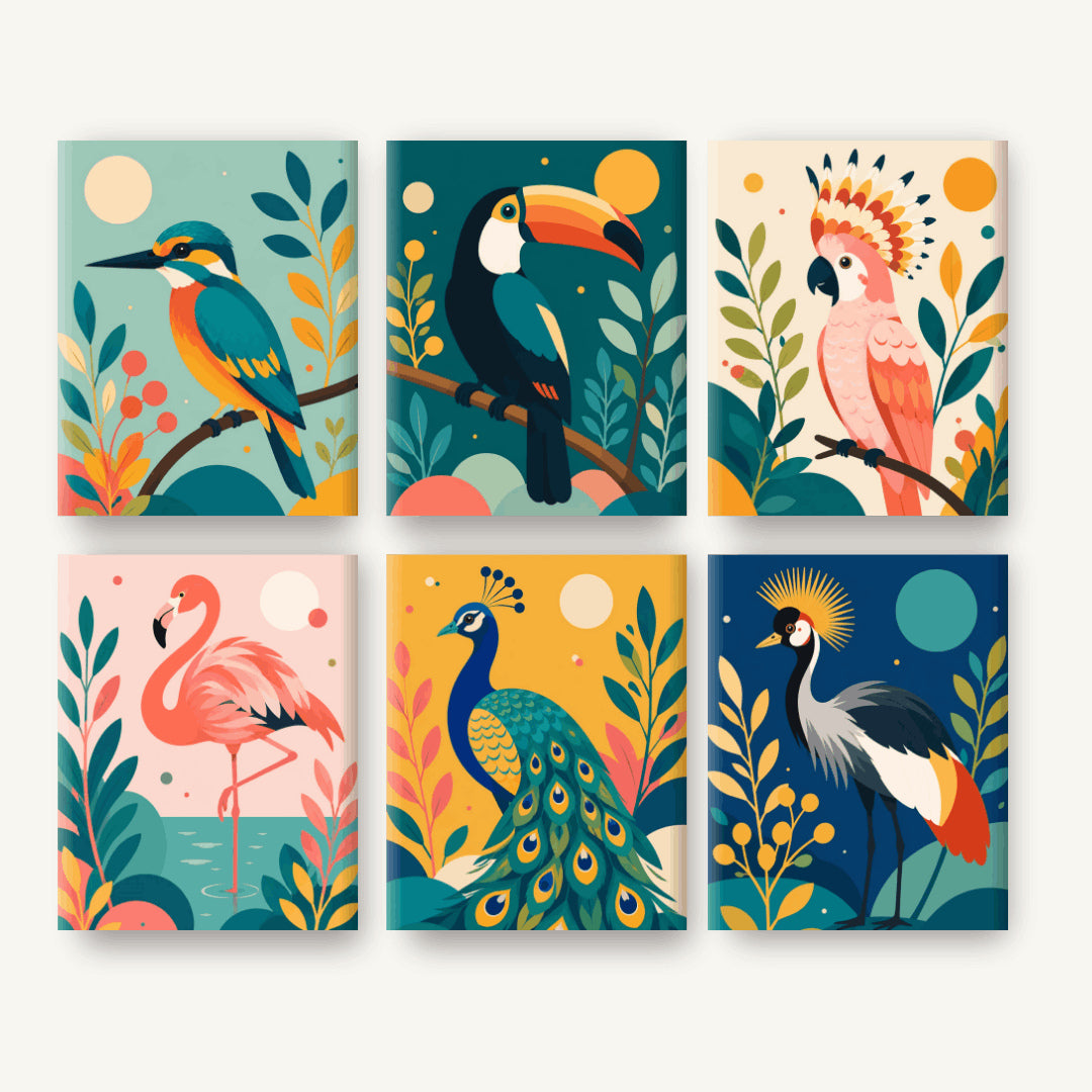 Coffret de 6 peintures par numéro Oiseaux Exotiques, les mini-toiles à plat, Maison Artsen