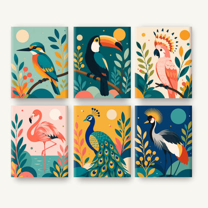 Coffret de 6 peintures par numéro Oiseaux Exotiques, les mini-toiles à plat, Maison Artsen