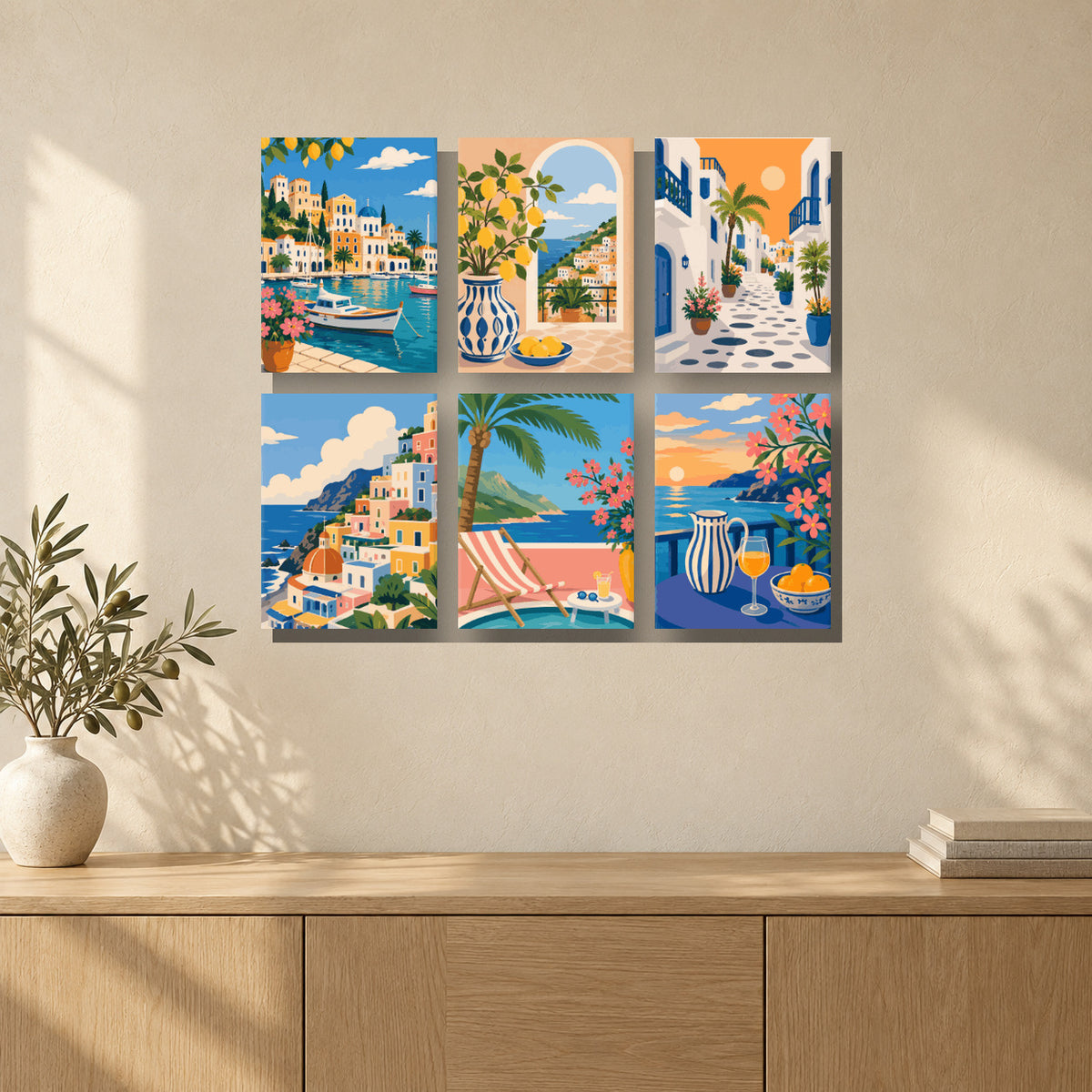 Coffret de 6 peintures par numéro Rêve Méditerranéen, mini-toiles présentées au mur, Maison Artsen