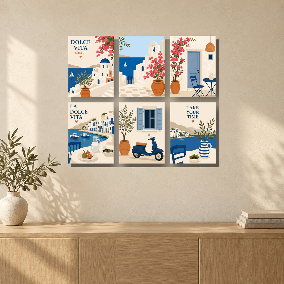 Coffret de 6 peintures par numéro Escapade Grecque, mini-toiles présentées au mur, Maison Artsen