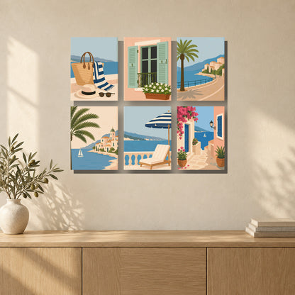 Coffret de 6 peintures par numéro Douceur de la Côte, mini-toiles présentées au mur, Maison Artsen
