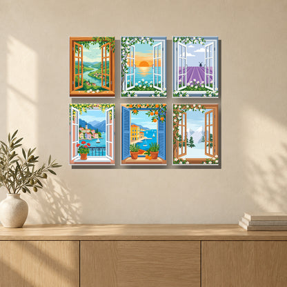 Coffret de 6 peintures par numéro Fenêtres sur le Monde, mini-toiles présentées au mur, Maison Artsen