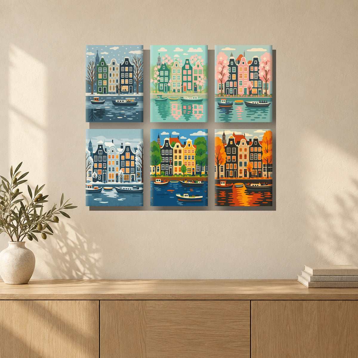 Coffret de 6 peintures par numéro Les Saisons d’Amsterdam, mini-toiles présentées au mur, Maison Artsen