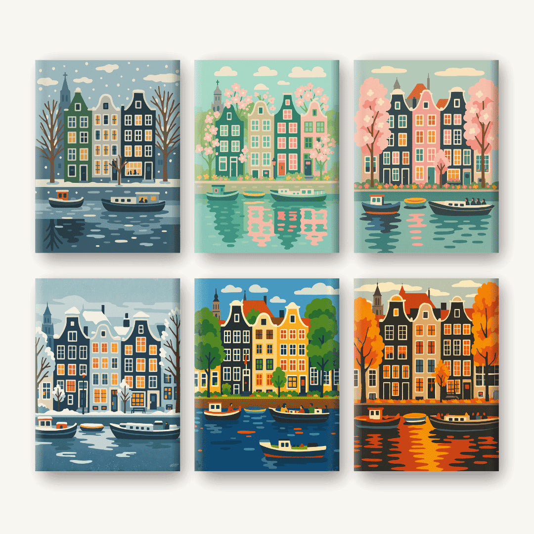 Coffret de 6 peintures par numéro Les Saisons d’Amsterdam, les mini-toiles à plat, Maison Artsen