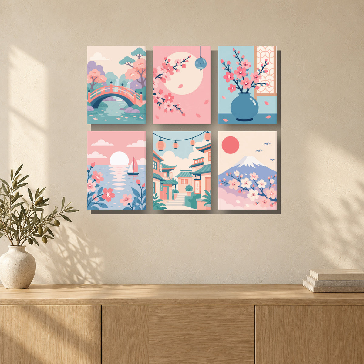 Coffret de 6 peintures par numéro Printemps au Japon, mini-toiles présentées au mur, Maison Artsen