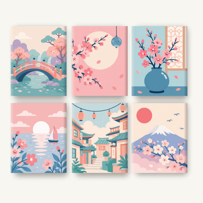 Coffret de 6 peintures par numéro Printemps au Japon, les mini-toiles à plat, Maison Artsen