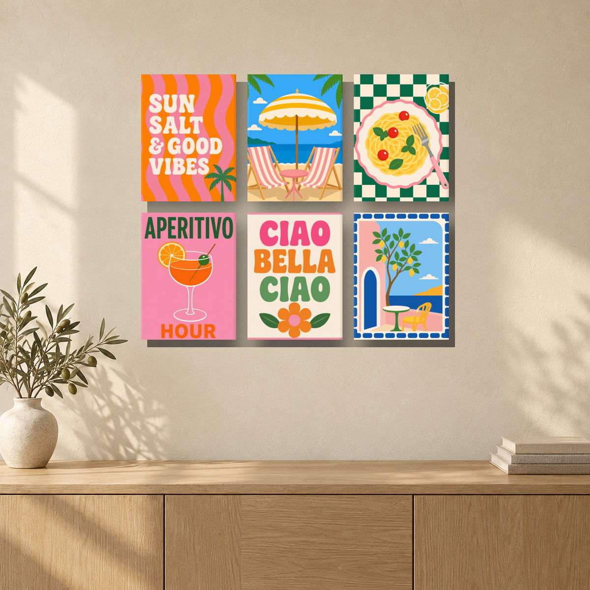 Coffret de 6 peintures par numéro Escapade Amalfitaine, mini-toiles présentées au mur, Maison Artsen