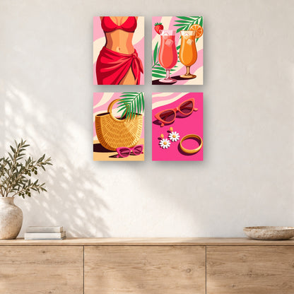 Coffret de 4 peintures par numéro Été en Rose, mini-toiles présentées au mur, Maison Artsen