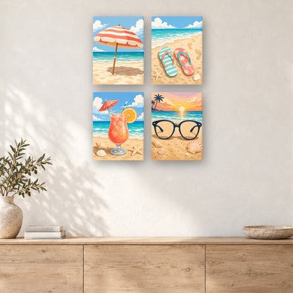 Coffret de 4 peintures par numéro Tongs et Lunettes de Soleil, mini-toiles présentées au mur, Maison Artsen
