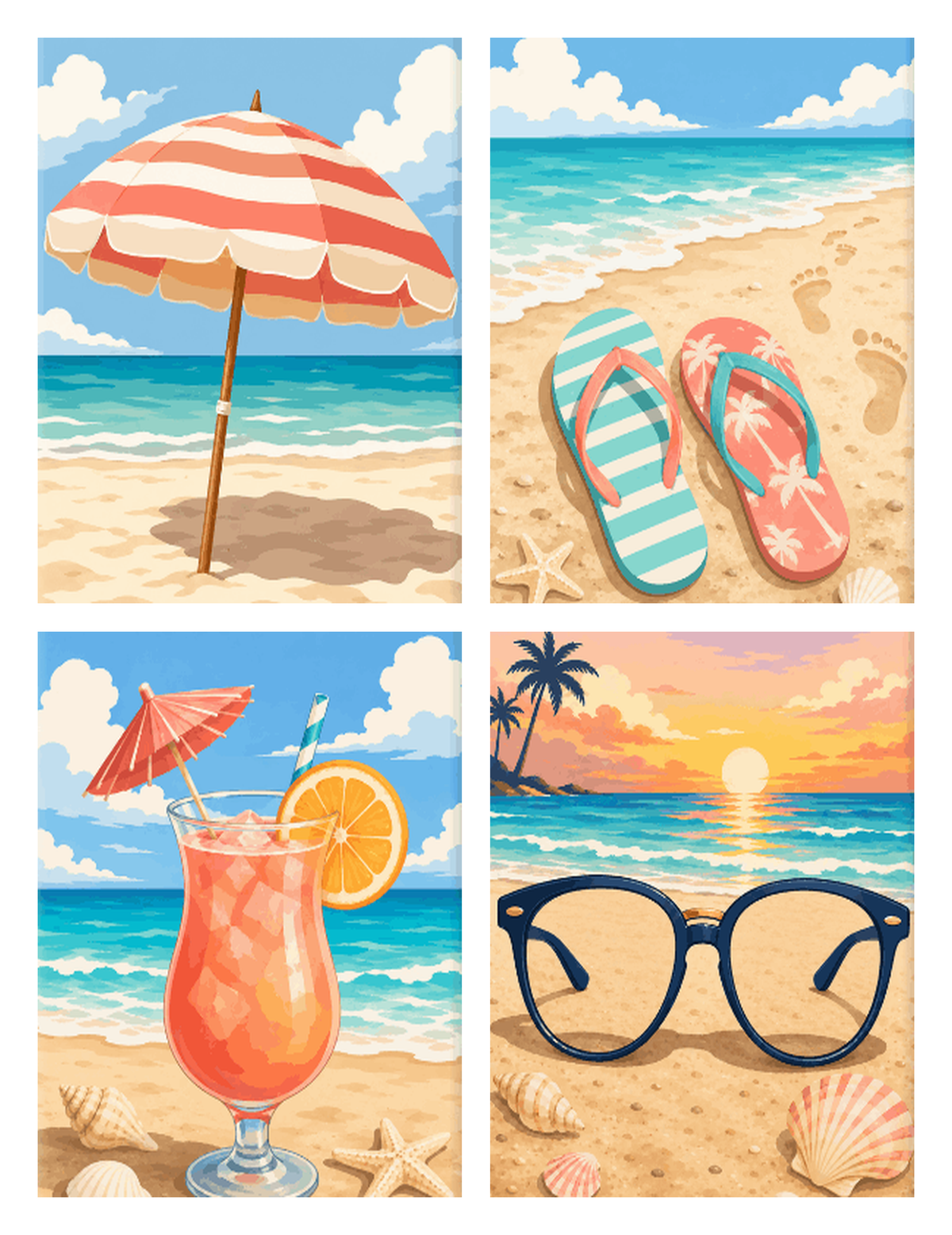 Coffret de 4 peintures par numéro Tongs et Lunettes de Soleil, les mini-toiles à plat, Maison Artsen