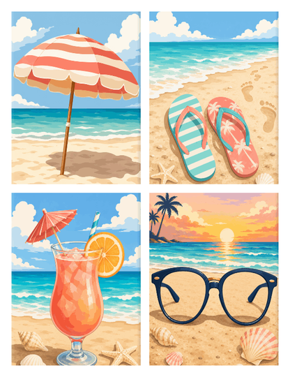 Coffret de 4 peintures par numéro Tongs et Lunettes de Soleil, les mini-toiles à plat, Maison Artsen