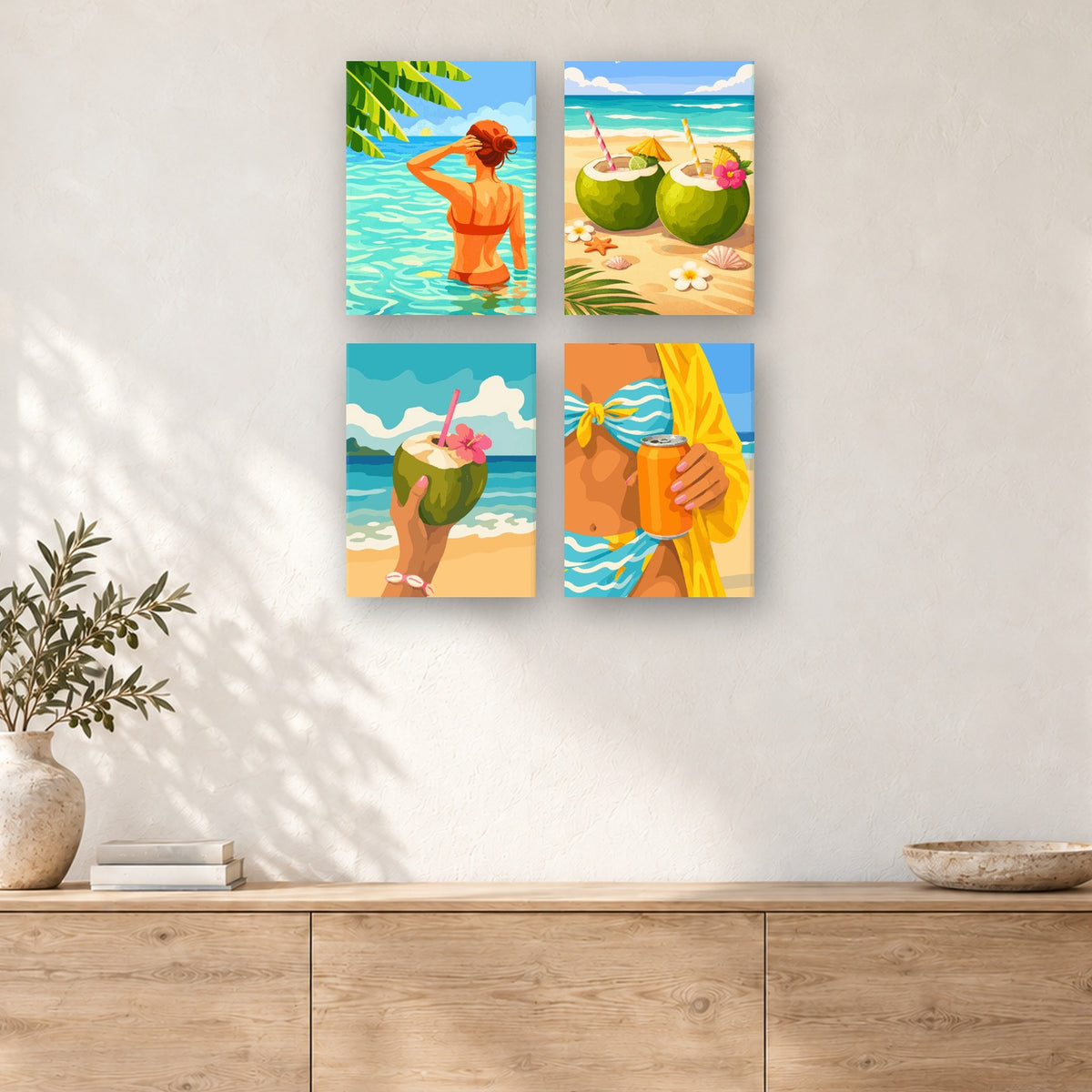 Coffret de 4 peintures par numéro Noix de Coco à la Plage, mini-toiles présentées au mur, Maison Artsen