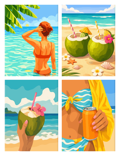 Coffret de 4 peintures par numéro Noix de Coco à la Plage, les mini-toiles à plat, Maison Artsen