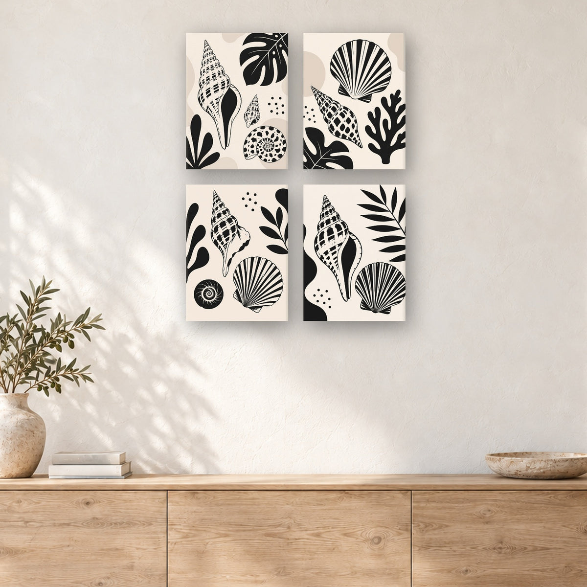 Coffret de 4 peintures par numéro Coquillages Noir et Blanc, mini-toiles présentées au mur, Maison Artsen