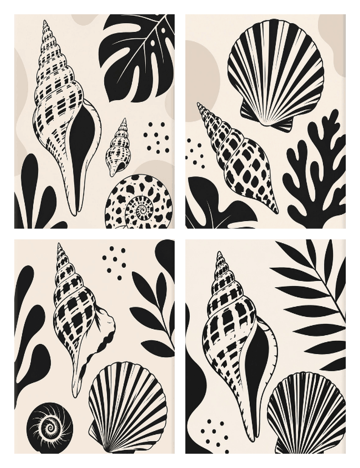 Coffret de 4 peintures par numéro Coquillages Noir et Blanc, les mini-toiles à plat, Maison Artsen